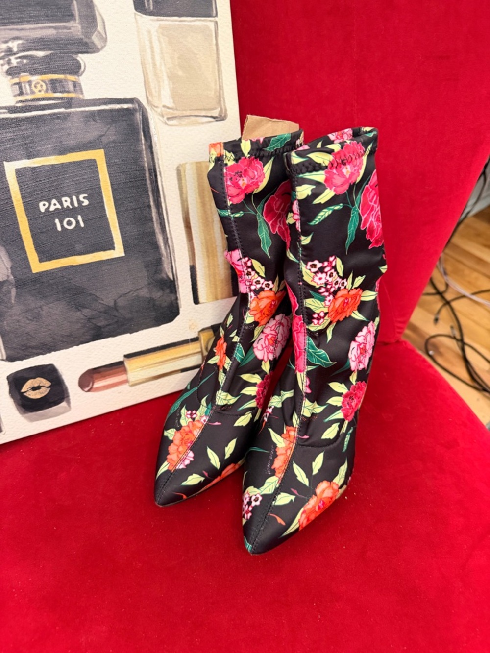 Aldo Black Floral Pointed Sock Boots with Pink & Orange Flowers